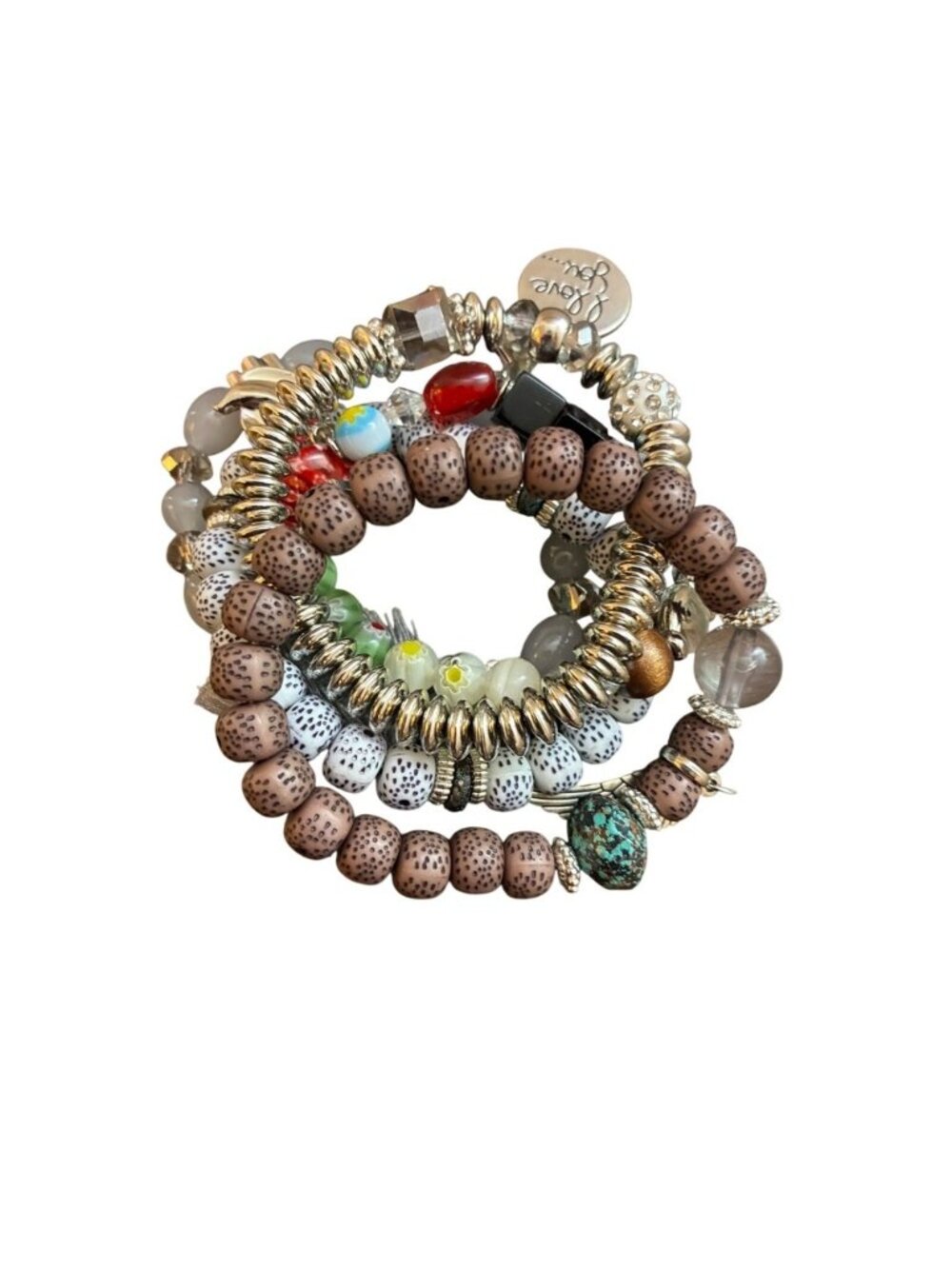 Boho Beaded Stretch Bracelet Set 5pc Silver Tone Charms Tassel Cross Wing Heart